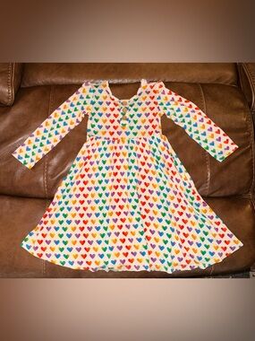 Girls' Long-Sleeve Heart Print Twirl Dress - White Rainbow Hearts